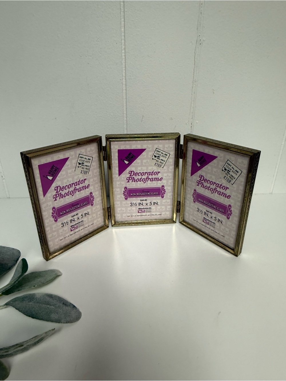 Vintage Goldtone Triple Hinged Picture Frame | Holds Three 3.5x5 Photos NOS NWT
